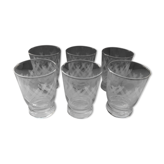 Set of 6 antique glasses engraved 50s