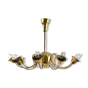 lustre en laiton vintage du milieu du siècle avec 10 lumières, italie des années 1950