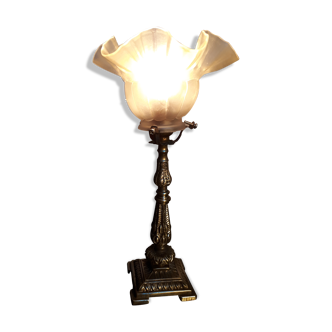 Bronze bedside lamp and its opaque tulip and art nouveau 1900