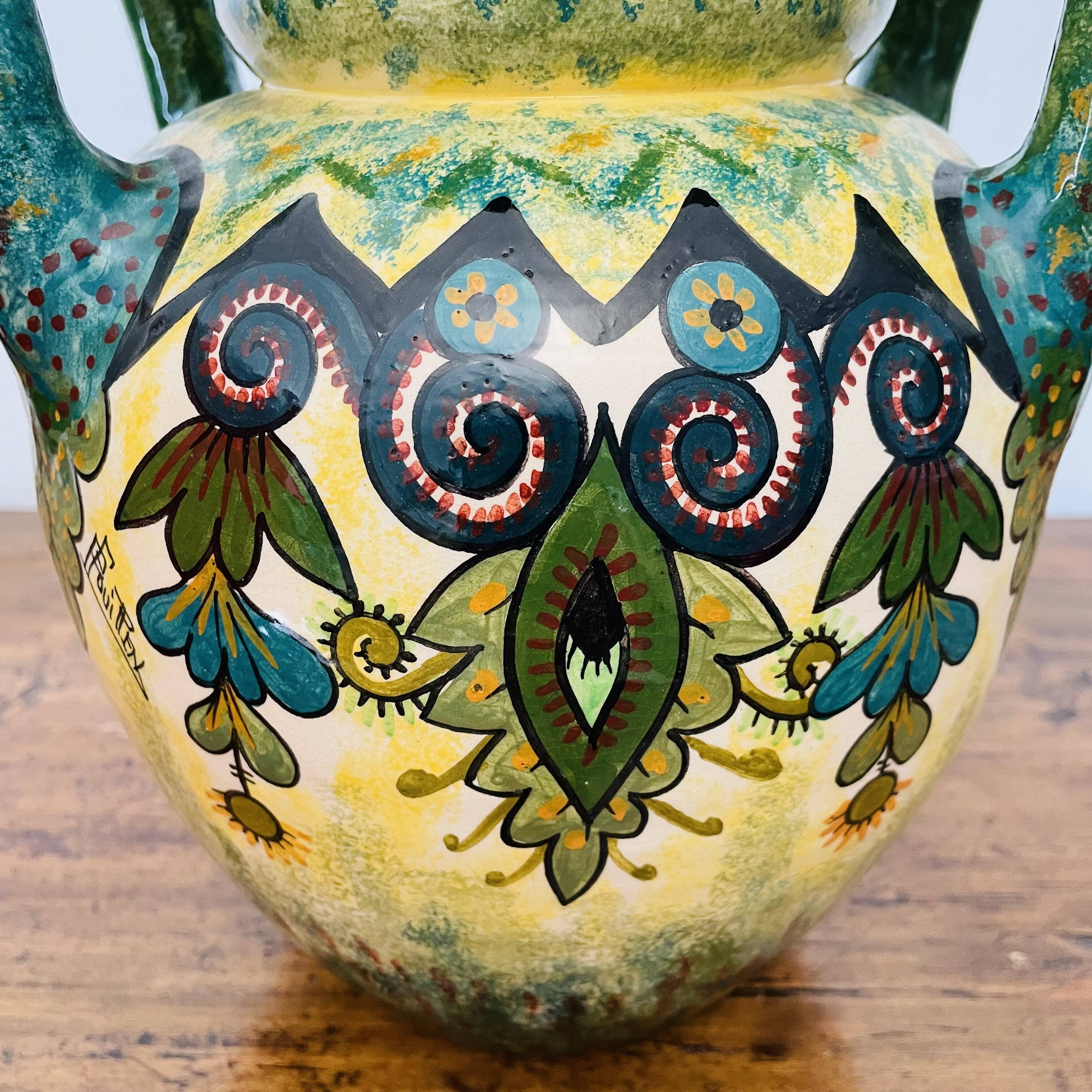 Sublime vase signed Paul Fouillen with yellow and green handles 1940