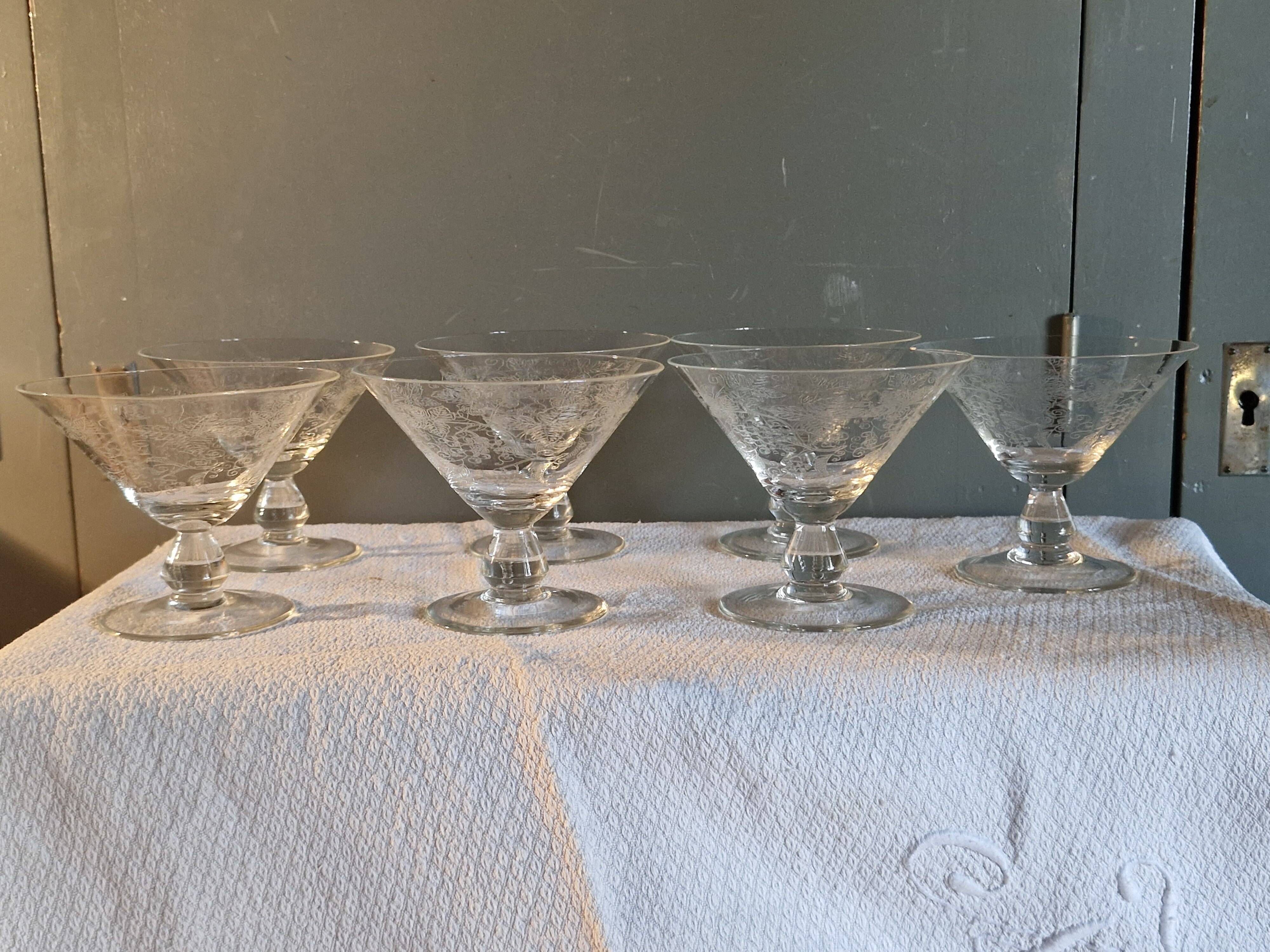 7 Art Deco crystal champagne coupes, grape clusters (+ 2 gifts)