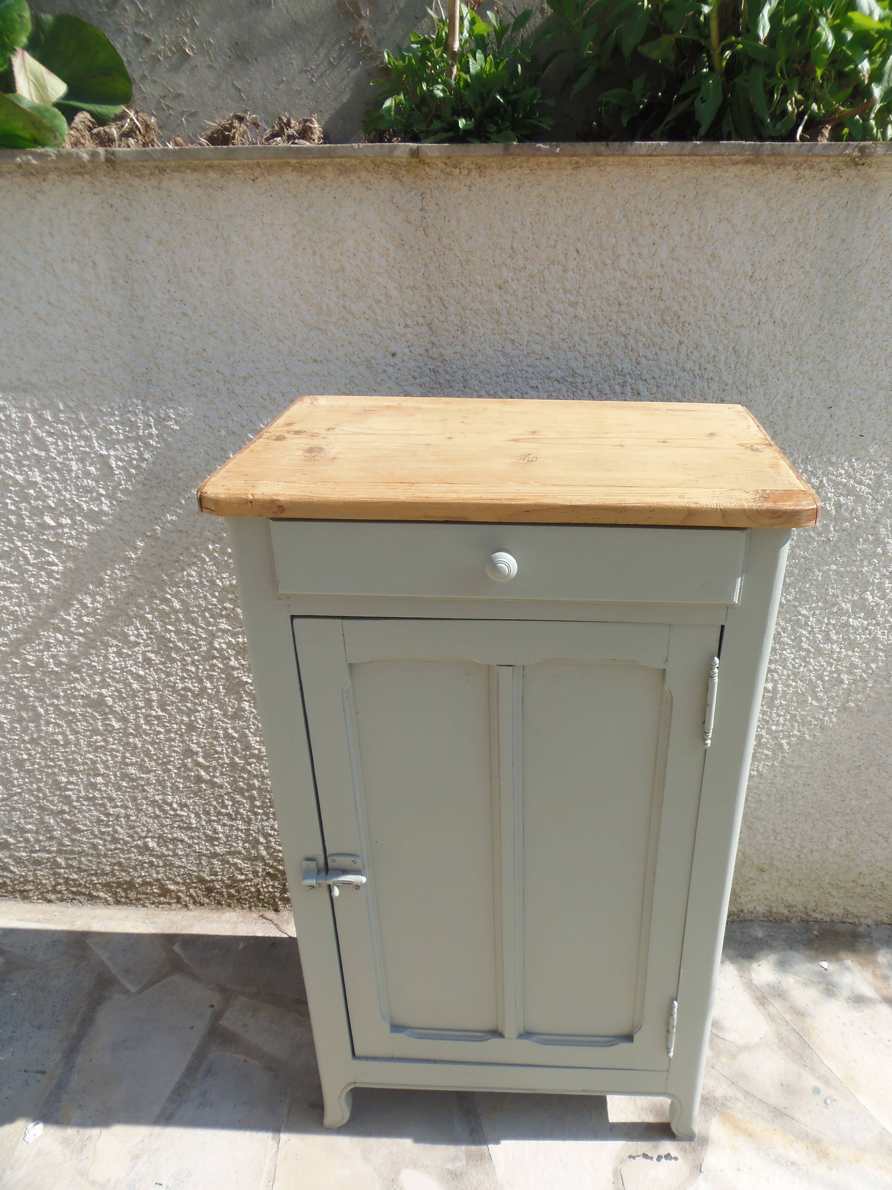 Vintage Parisian cupboard with 1 door, 1 drawer, reimagined in grey-green.