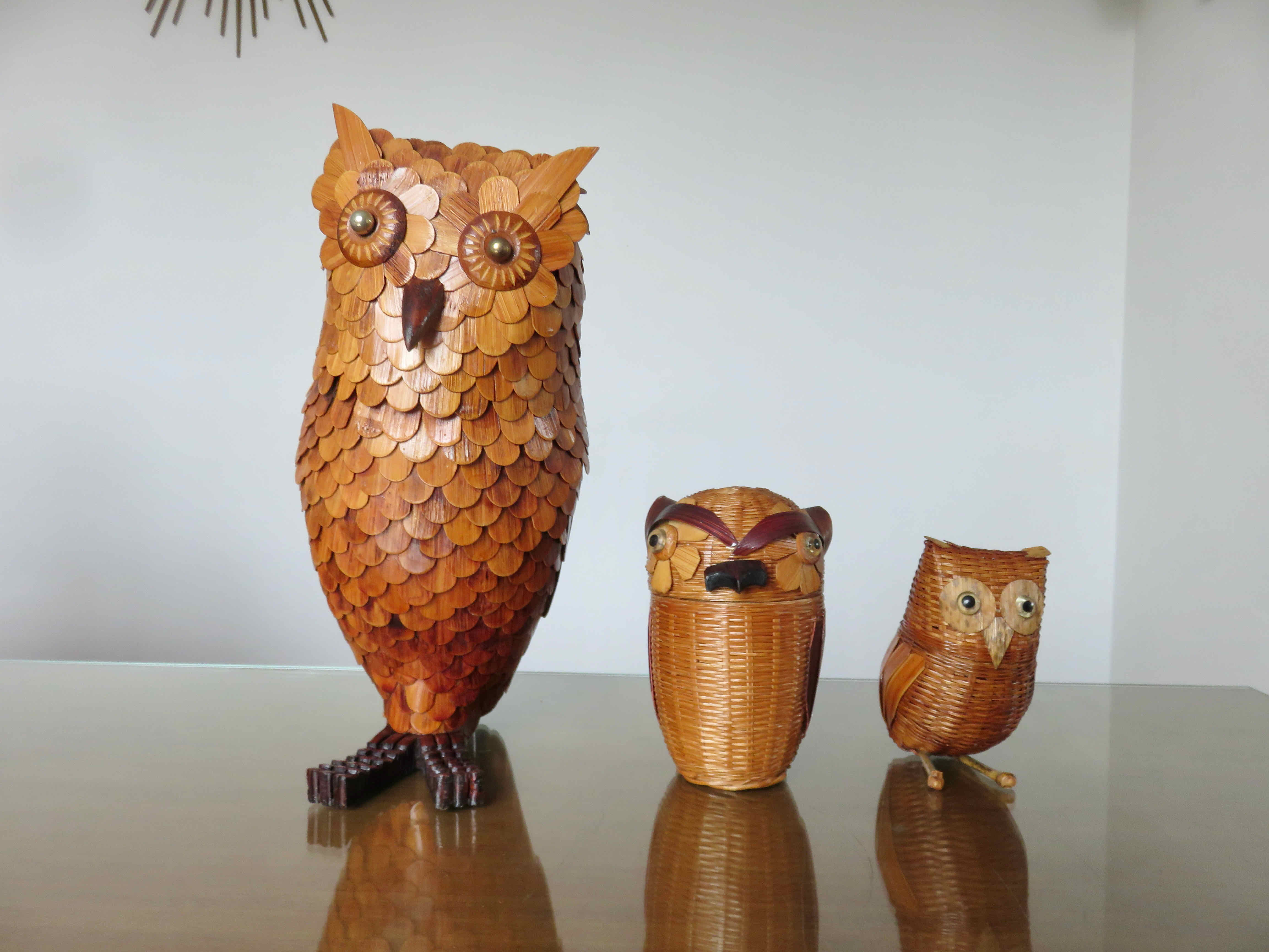 Set of 3 boxes "owl" bamboo 70s