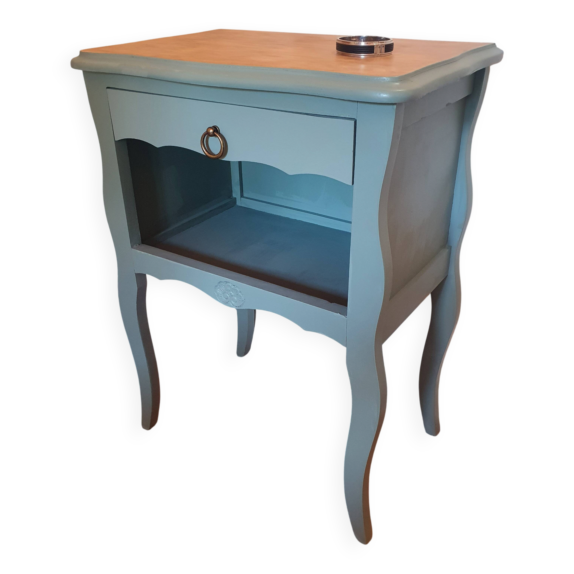 Table de chevet / Guéridon rénové Vert Sauge & Bois brut