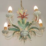 5 Light Vintage Italian Chandelier, Mathias Metal Bouquet, Pink Flowers