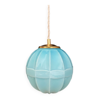 Suspension globe vintage art déco en opaline bleue