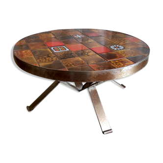 Table basse ronde métal et céramique « Vallauris » années 60