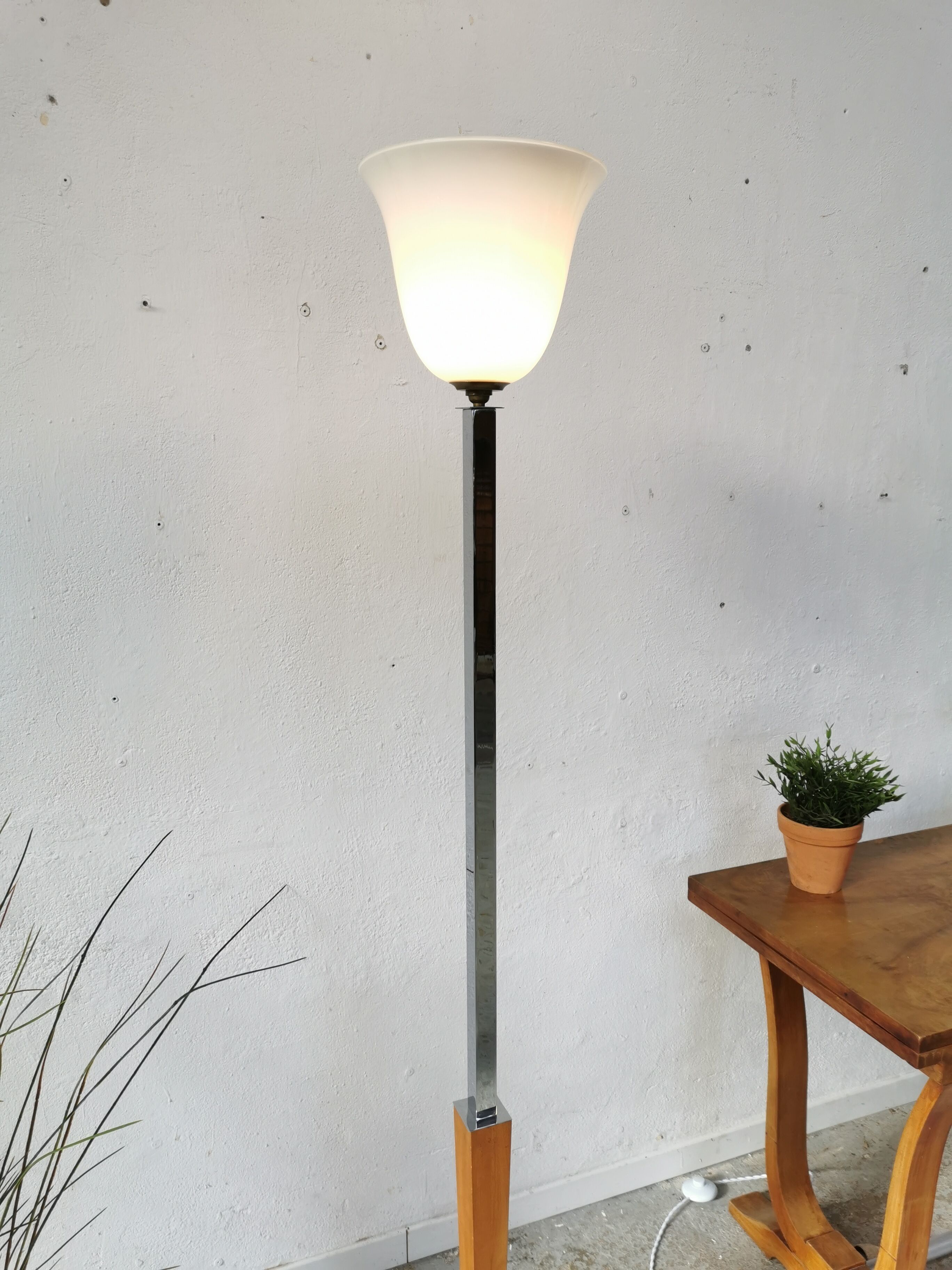Art deco floor lamp Mazda chrome opaline wood