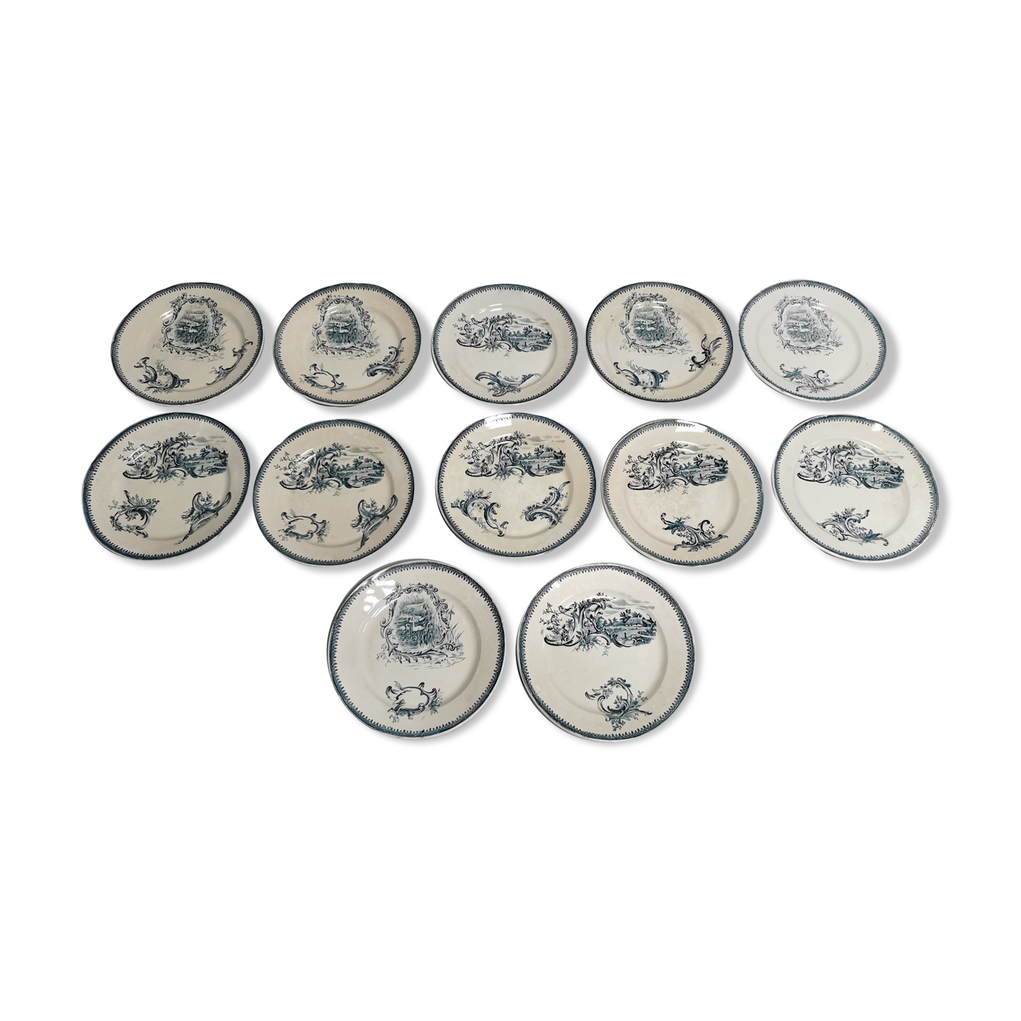 Table service 12 old plates Terre de Fer Rocaille , Faience Pexonne