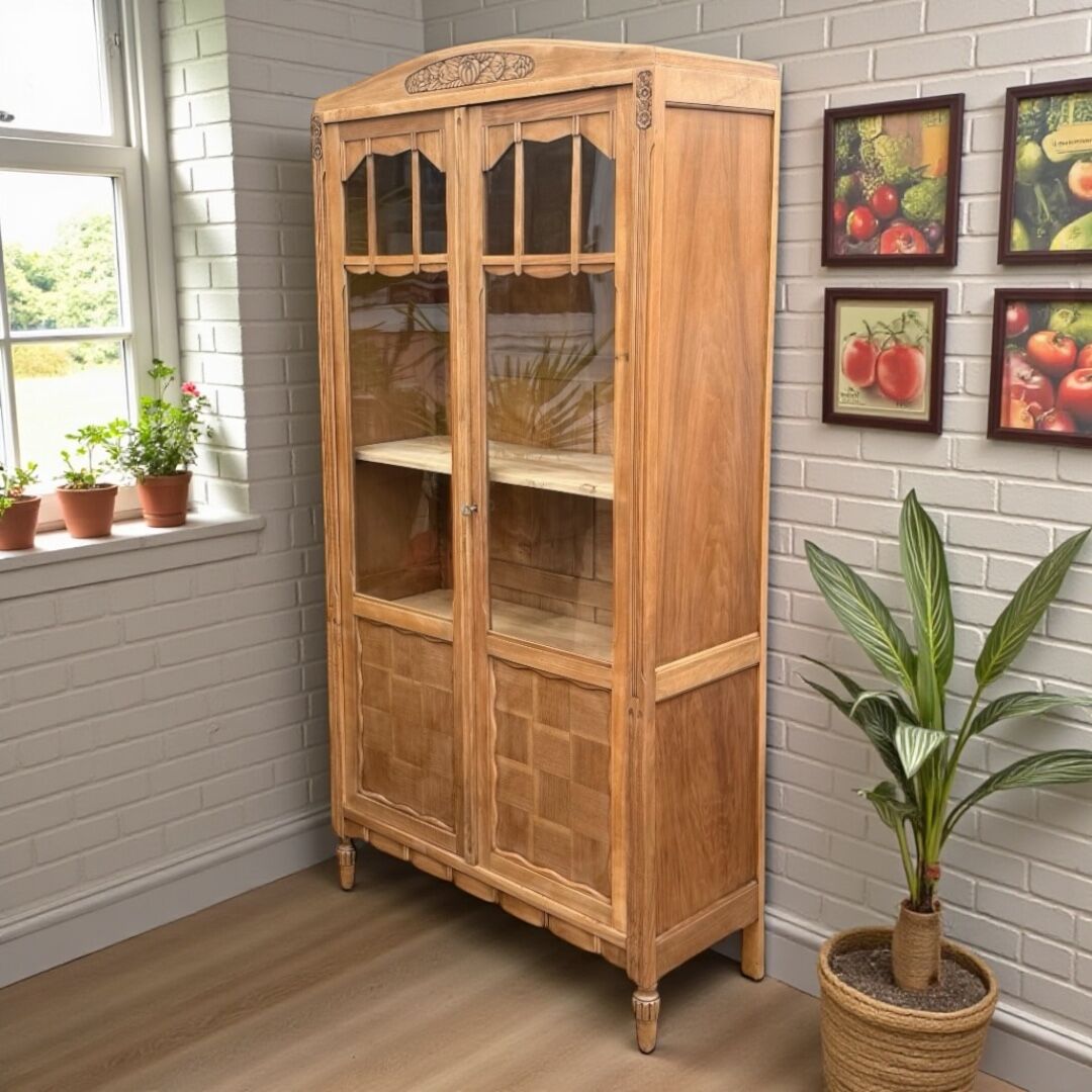 Parisian glass-fronted Art Deco wardrobe in solid raw walnut.