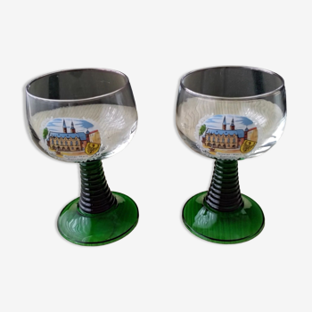 Pair of Rhine wine glasses leg type "Roemer" silkscreened decoration