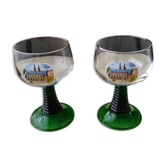 Pair of Rhine wine glasses leg type "Roemer" silkscreened decoration