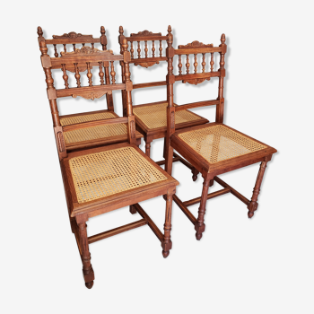 4 chaises vintages en bois tourné et cannage des années 1910