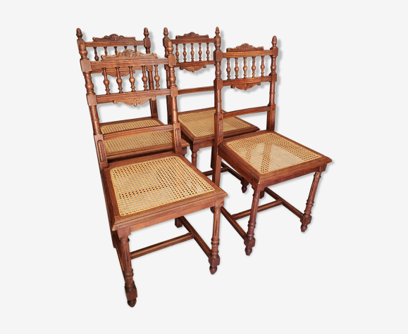 4 chaises vintages en bois tourné et cannage des années 1910
