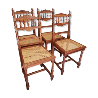 4 chaises vintages en bois tourné et cannage des années 1910