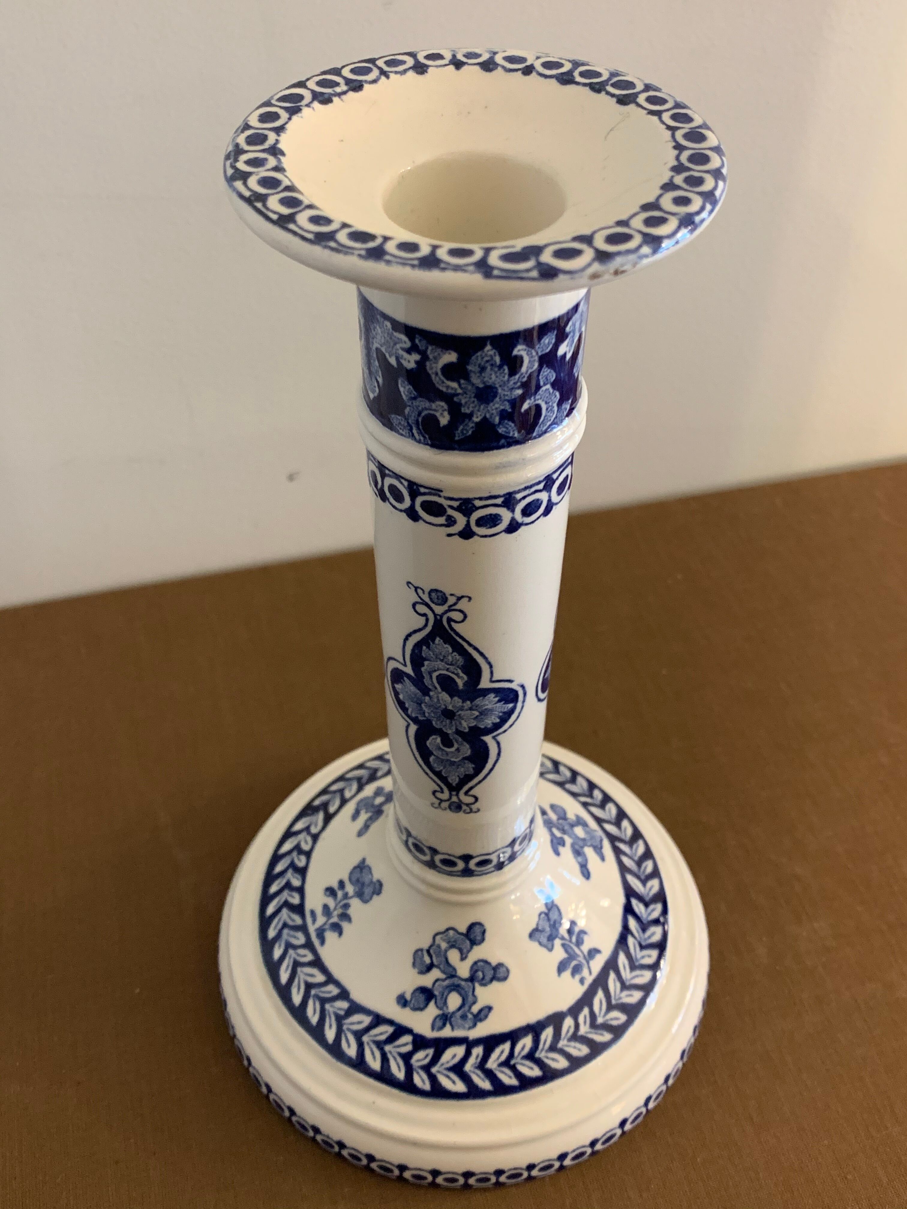 Pair of old candlesticks in blue and white earthenware Gien 1950