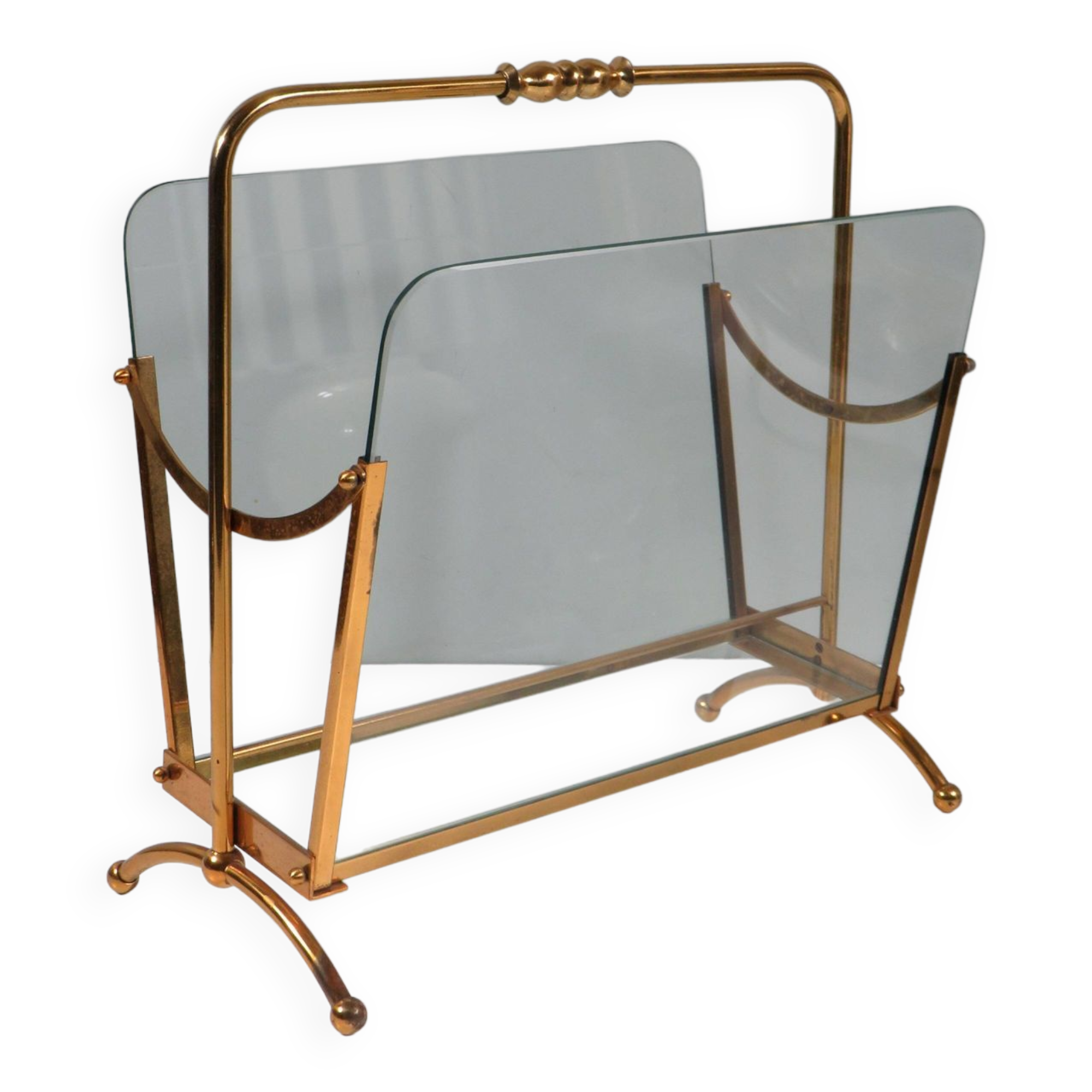 Vintage magazine rack, brass and glass, Italy 1950-1960