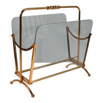 Porte-revues vintage, laiton et verre, Italie 1950-1960