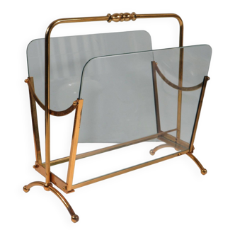 Vintage magazine rack, brass and glass, Italy 1950-1960