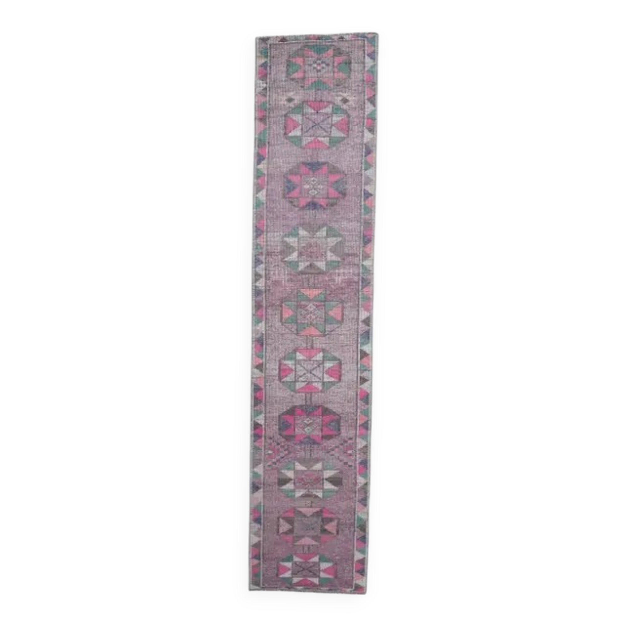 1970s Turkish Handmade Geometric Pink Wool Runner Rug 80x387