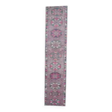 1970s Turkish Handmade Geometric Pink Wool Runner Rug 80x387