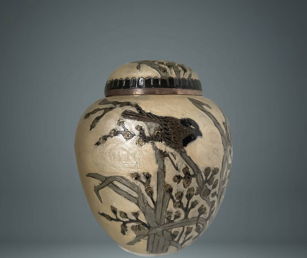 Enameled brass lidded pot