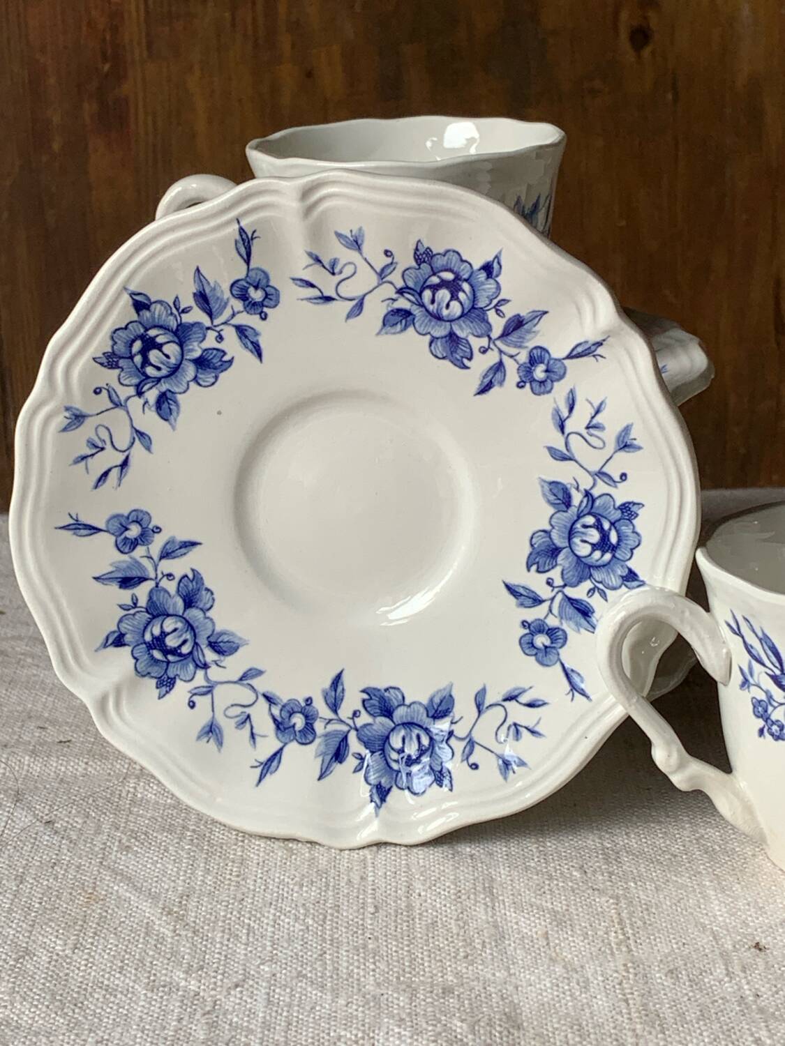 Three antique blue coffee cups from Sarreguemines, France