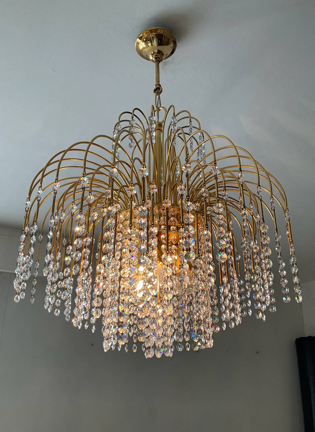 Vintage brass chandelier with crystal tassels cascade