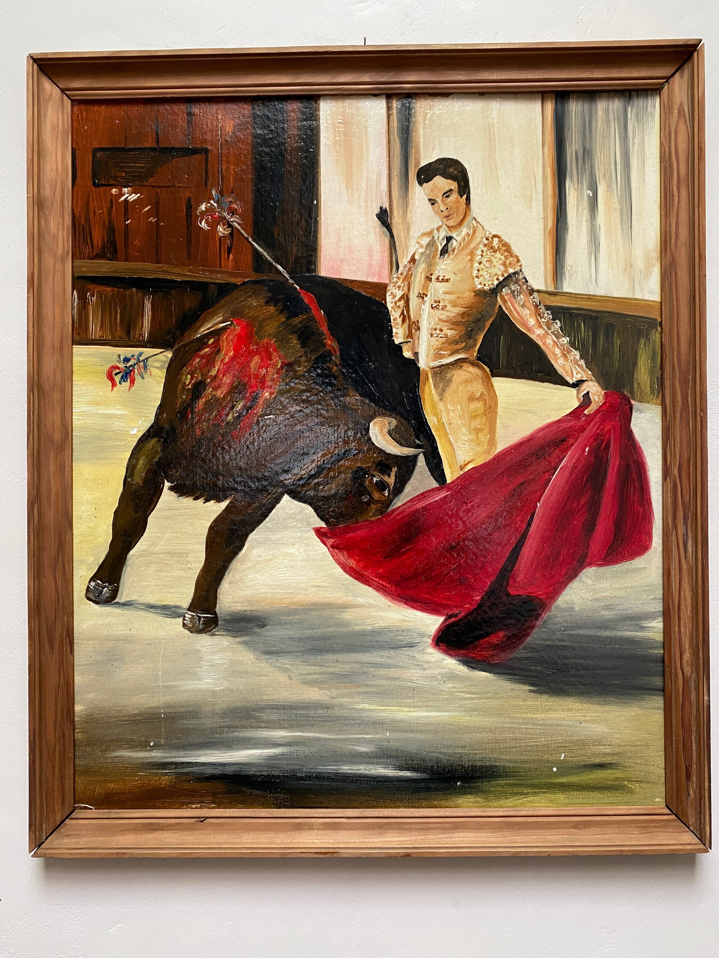 Oil on panel matador bullfighter and bull