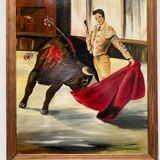 Oil on panel matador bullfighter and bull