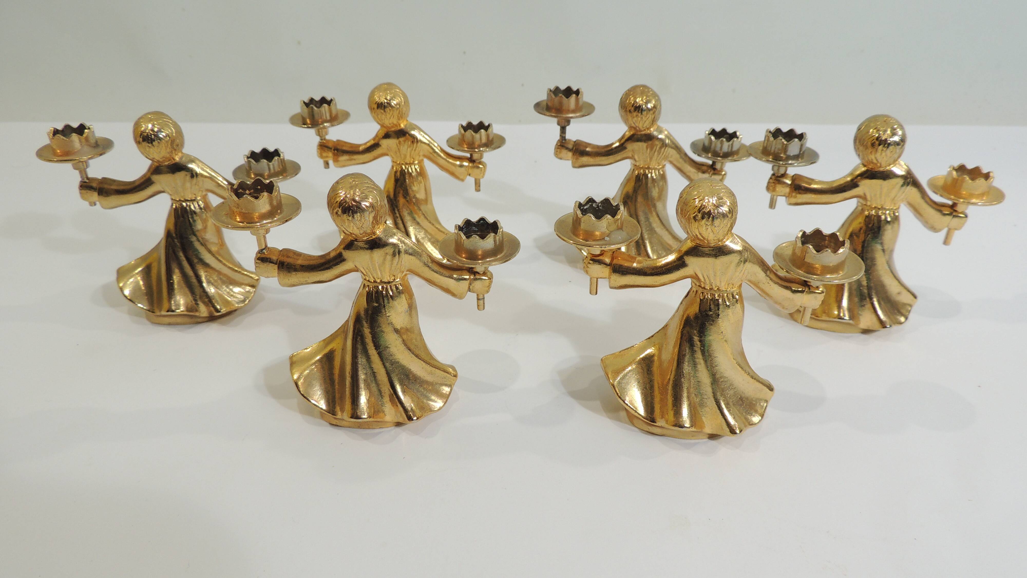 Set of 6 vintage 1970s brass figurine candle holders – Golden cherubs
