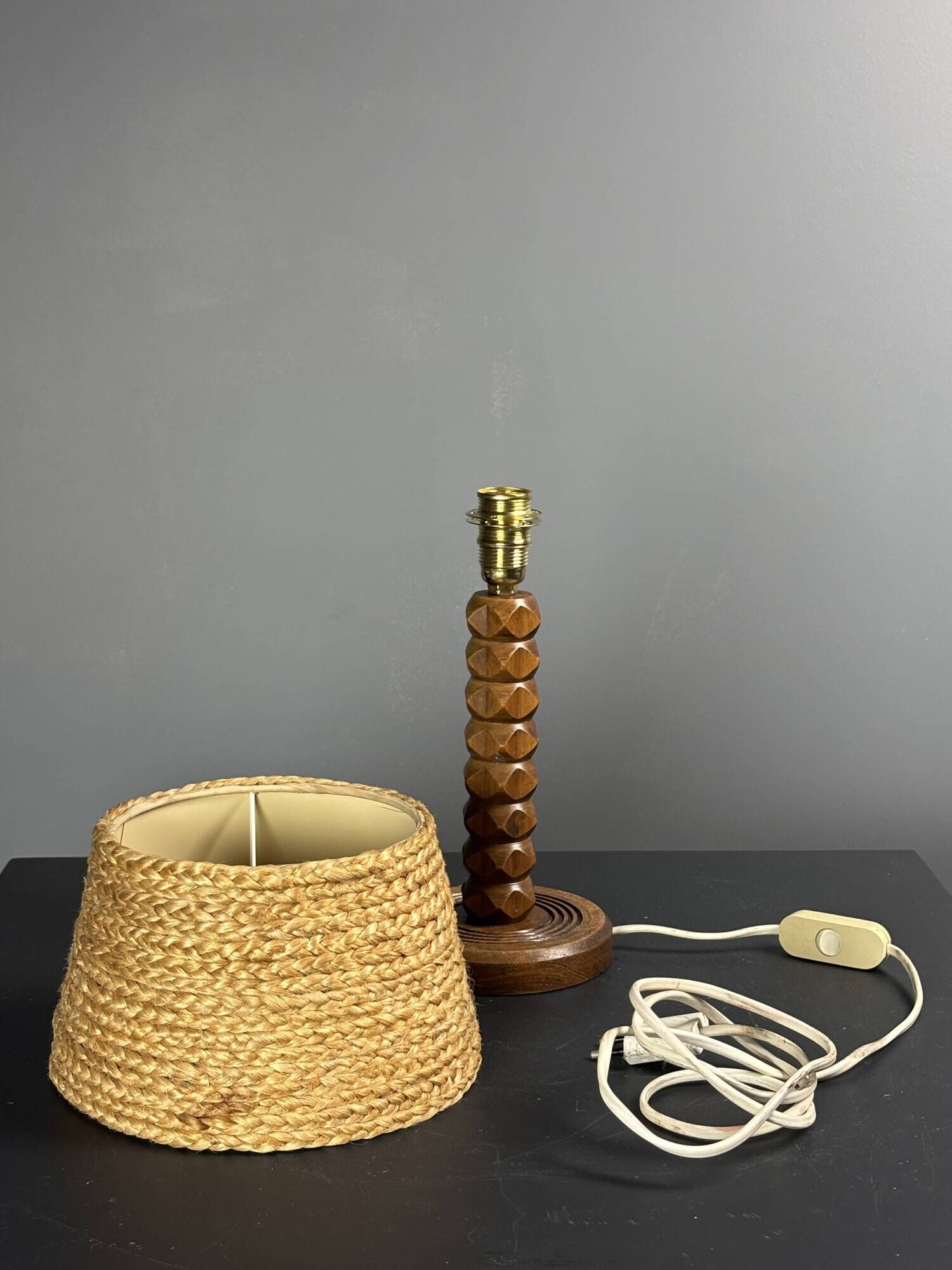 Mid-Century modern brutalist wood turned table lamp Charles Dudouyt style