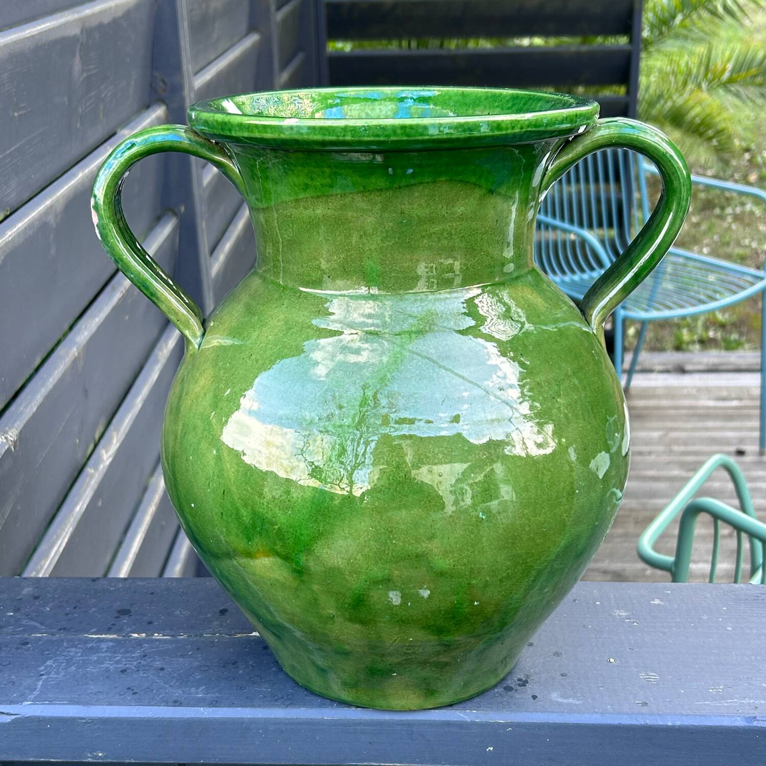 Large green enameled jar