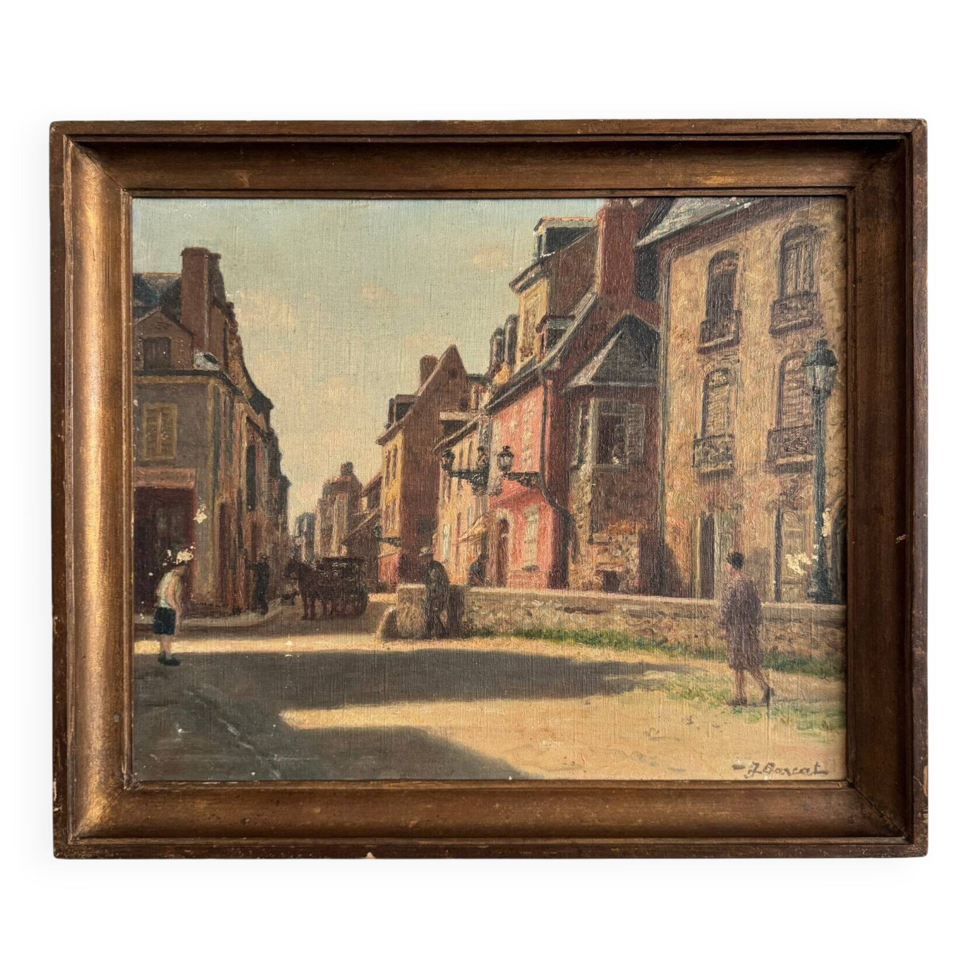 Oil on canvas 20th century street scene by Jacques Louis Barcat