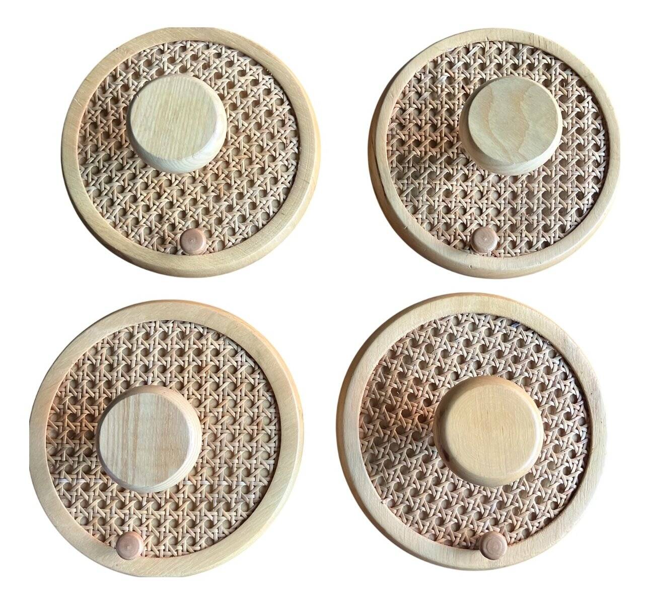 Coat Wall Hooks in Wood and Woven Cane, 1960s, Set of 2