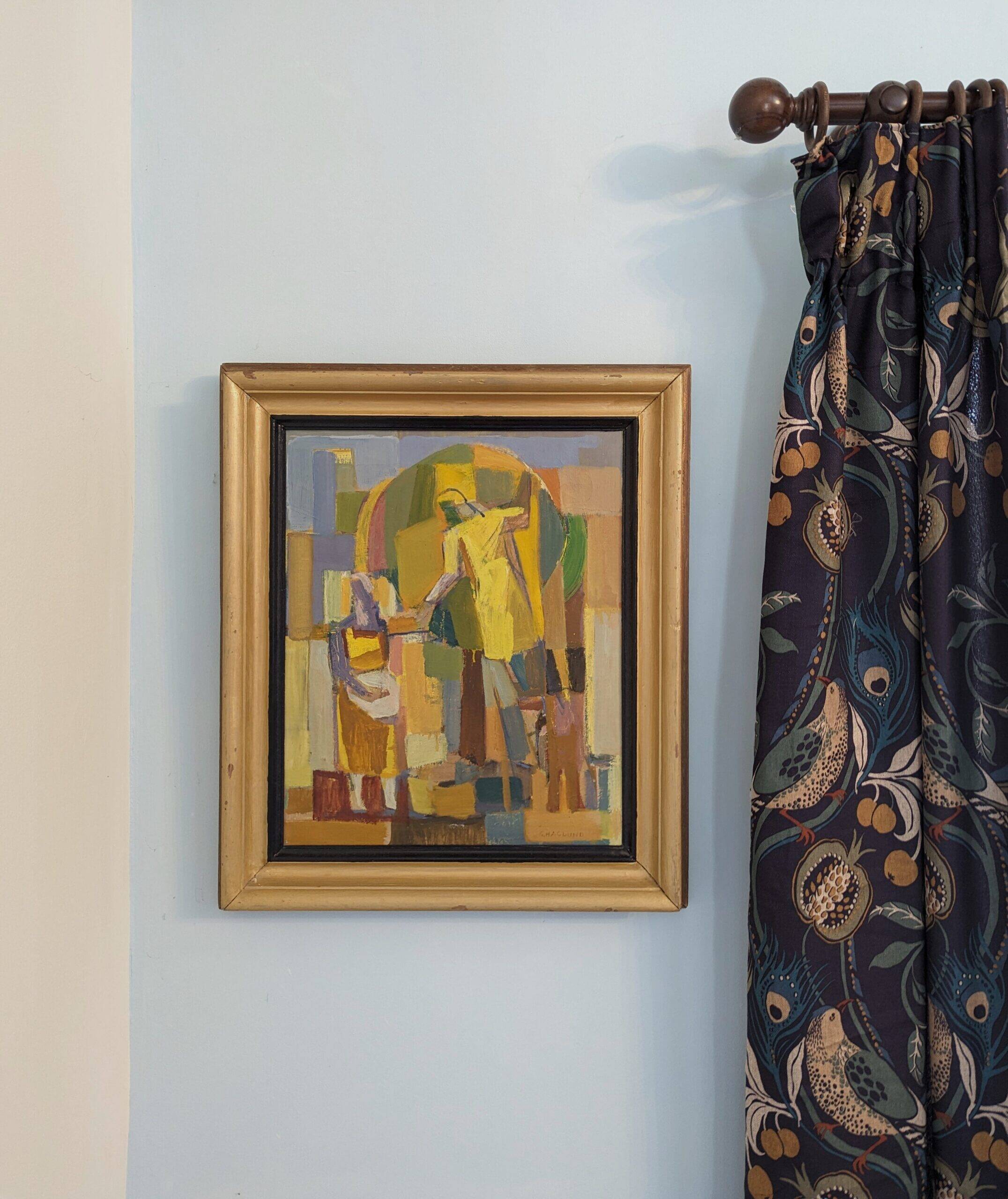 Mid-Century Modern Swedish "The Fruit Tree Pickers" Vintage Oil Painting, Framed