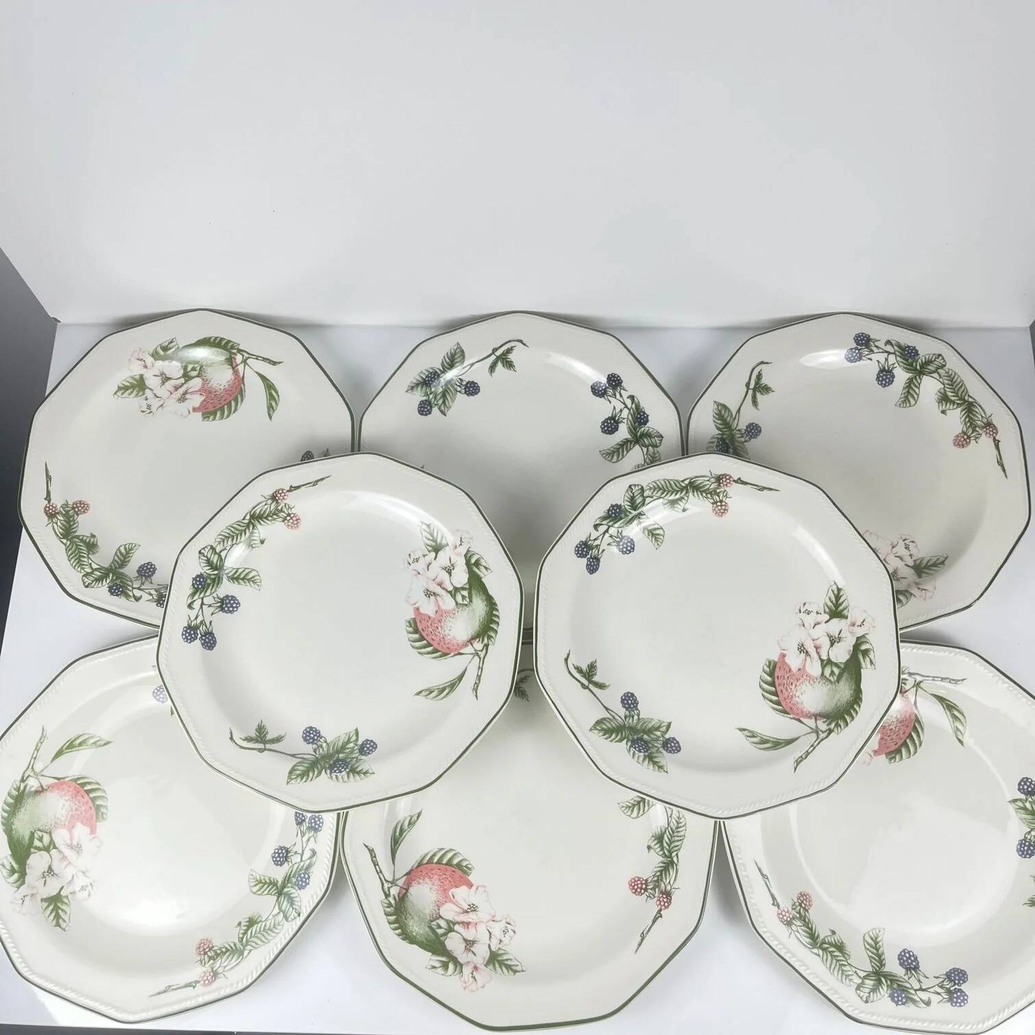 Set of 8 flat plates by Churchill, "Victorian Orchard" model, Staffordshire, England.