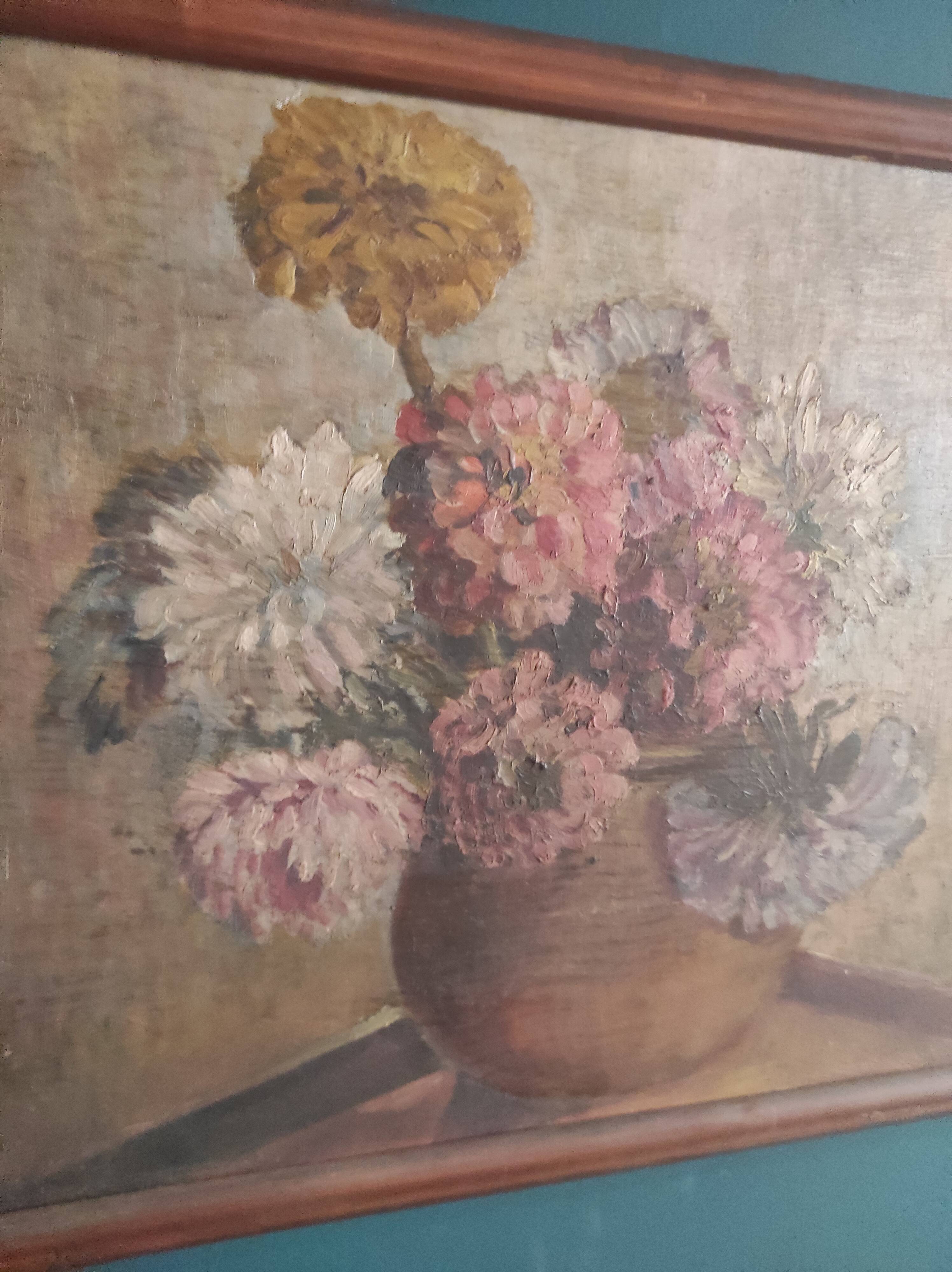 Vintage French oil painting of chrysanthemums