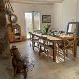 "A frame" bench in solid oak, patinated.