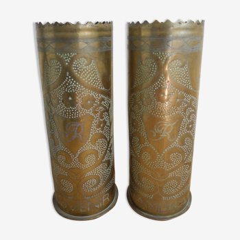 Pair vases engraved sockets trench art ww1 trench art