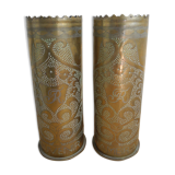 Pair of vases with engraved shell casings, WW1 trench art
