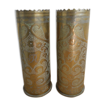 Pair of vases with engraved shell casings, WW1 trench art