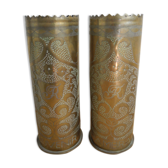 Pair vases engraved sockets trench art ww1 trench art
