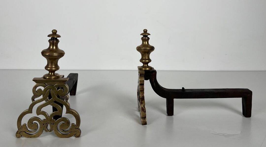 Pair of Chiselled Bronze and Wrought Iron Chenets in Louis XV Style