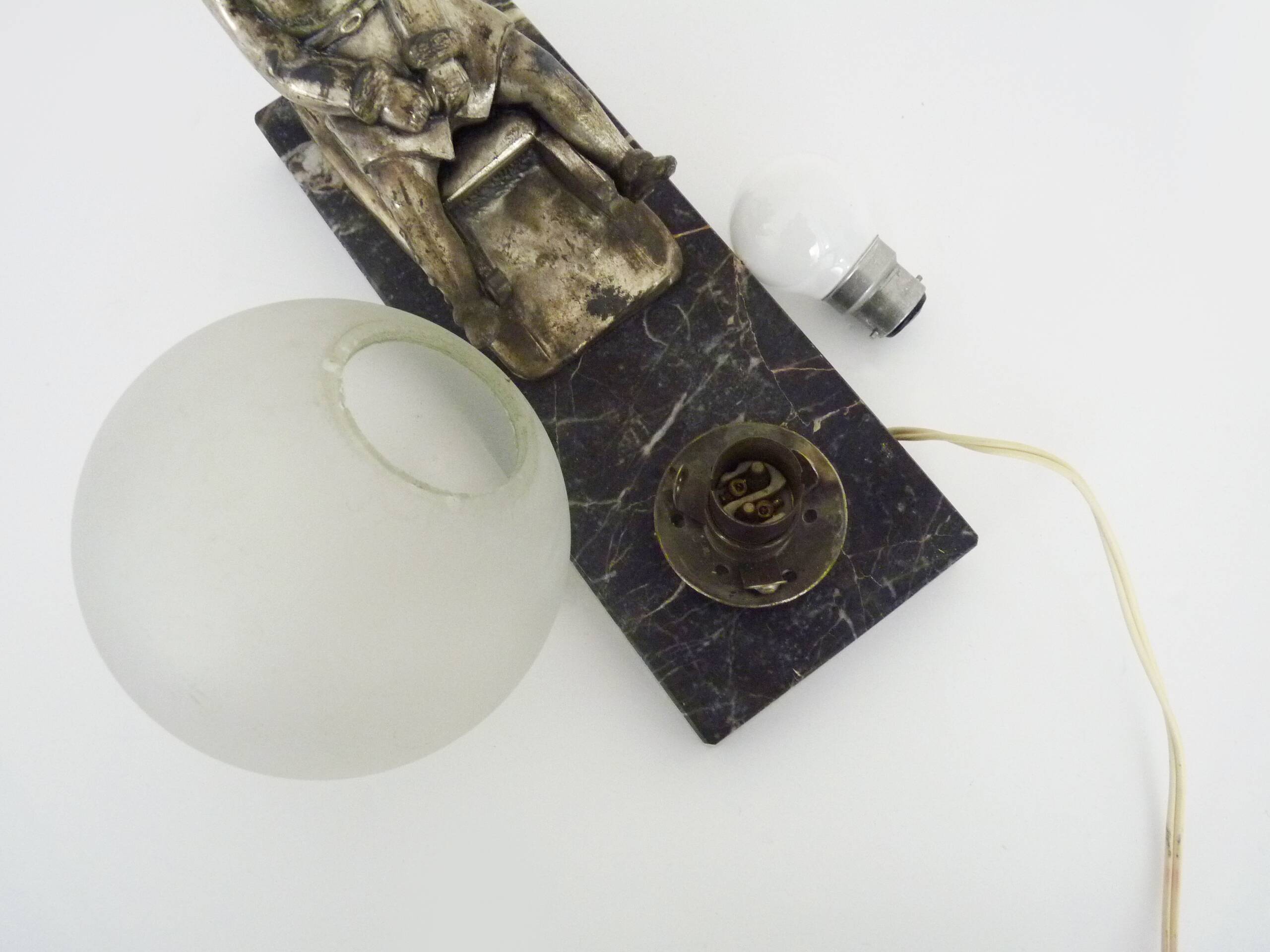 Lamp, Art Deco sled base night light in spelter on marble base