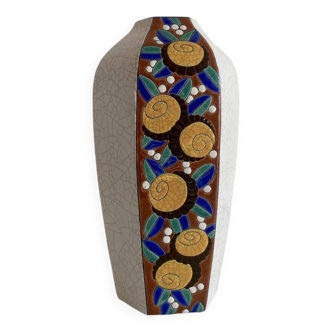 Longwy "Mandarins" vase with cut sides in enamelled ceramic