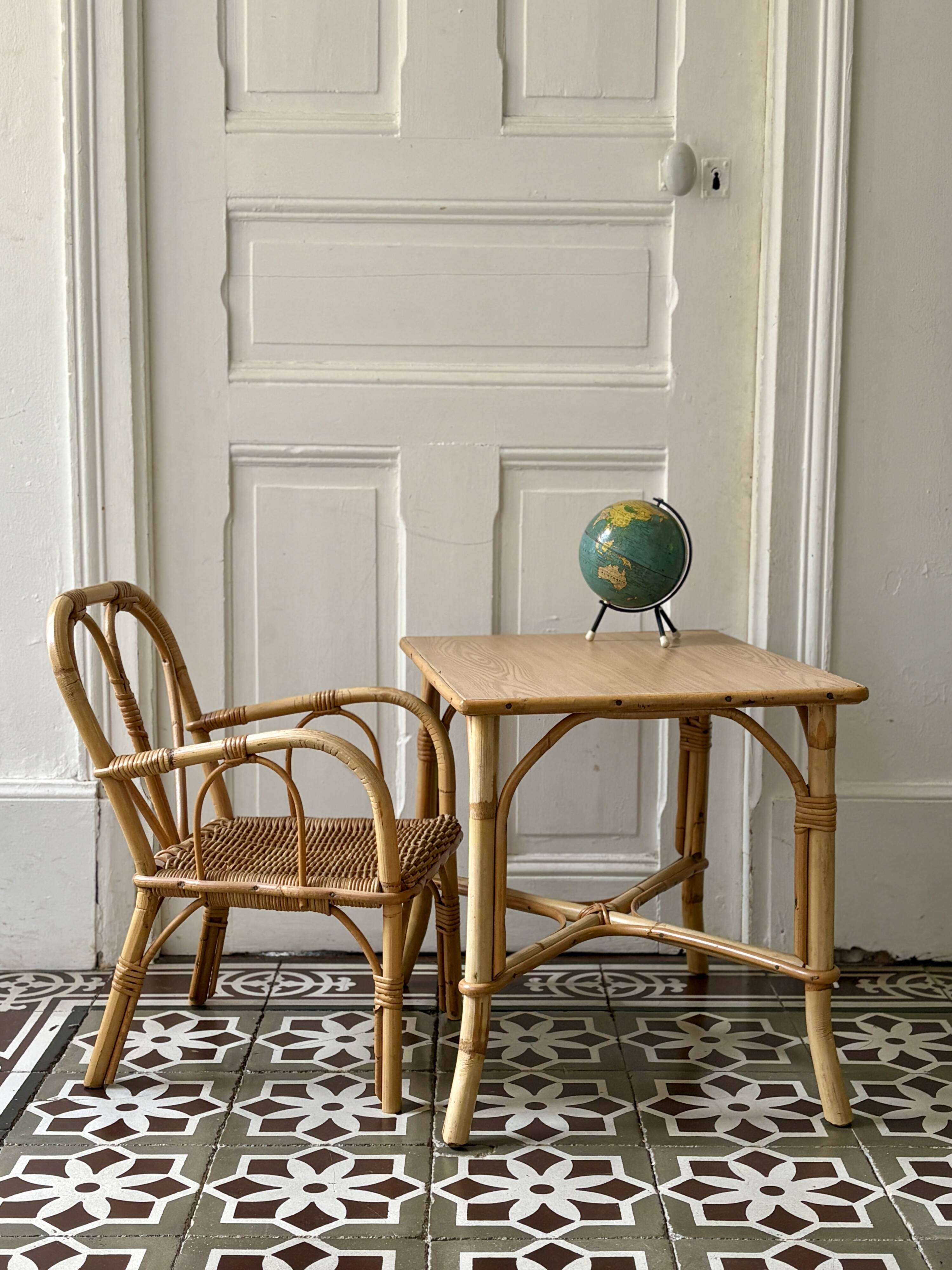 Vintage rattan desk and chair set for children