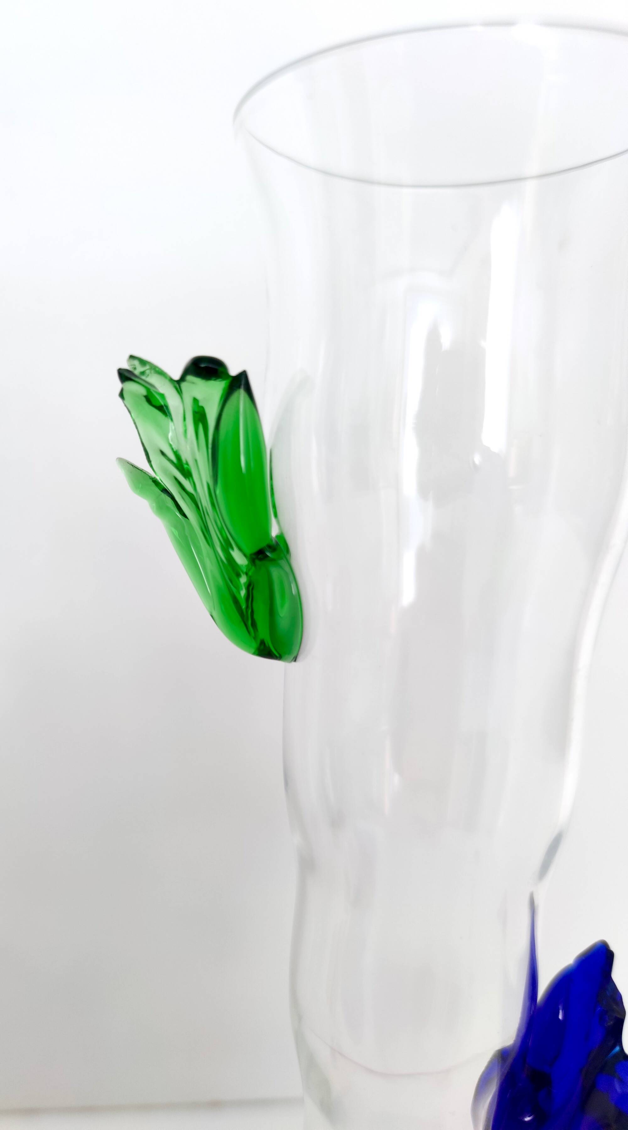 Pair of Transparent Murano Glass Flutes with Colored Details, Italy, 1980s