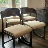 Restored - Set of 4 Baumann chairs, "Luge / Sleigh" model, 60s - Beech and cappuccino beige velvet - Scandinavian design
