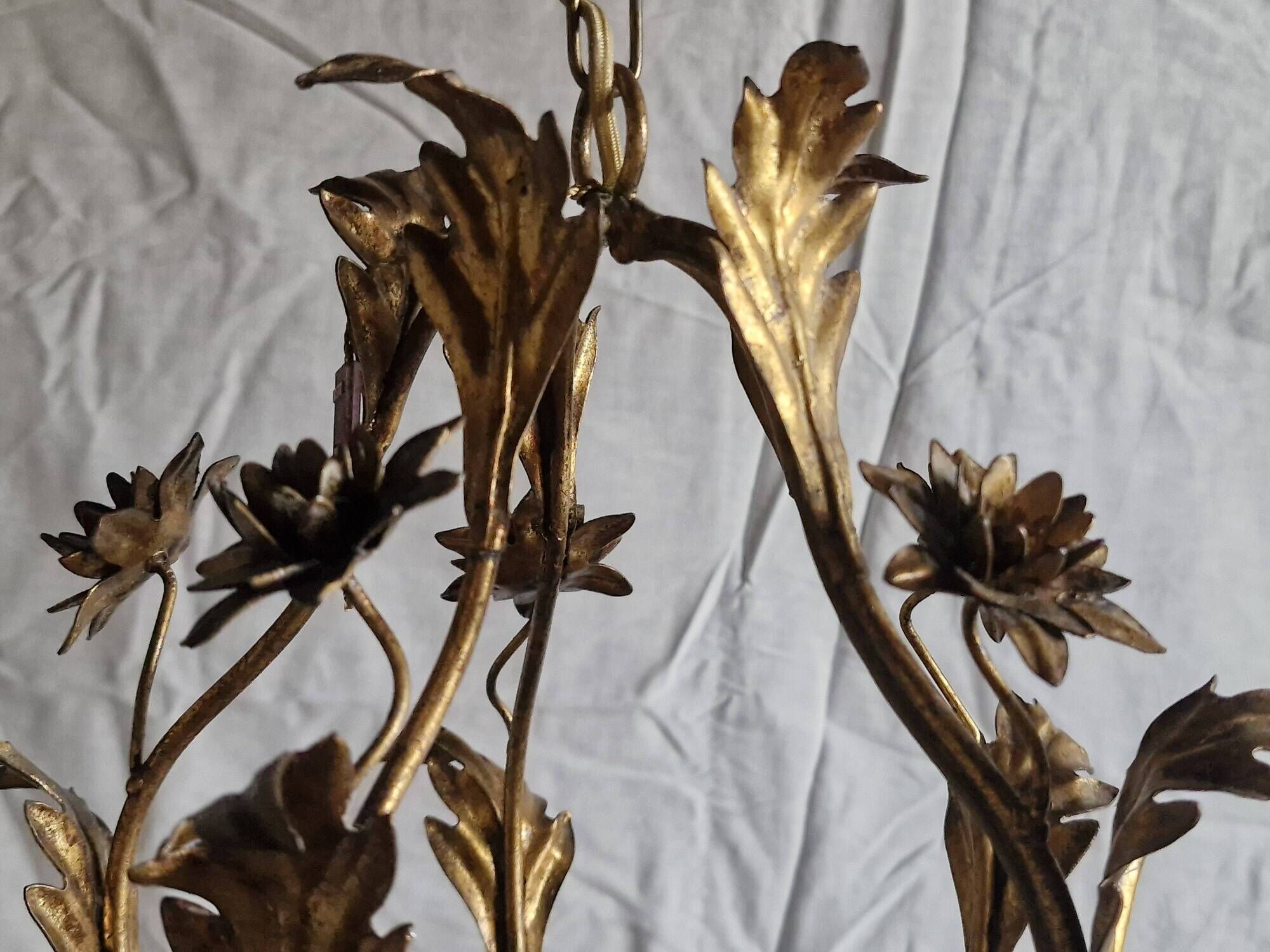 Rare suspension / antique chandelier with 5 lights - Flowers & Foliage in gilded metal